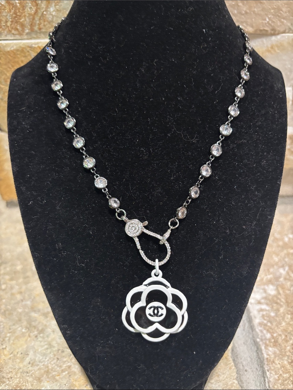 Silver Camellia Drop Necklace with Crystal Stations